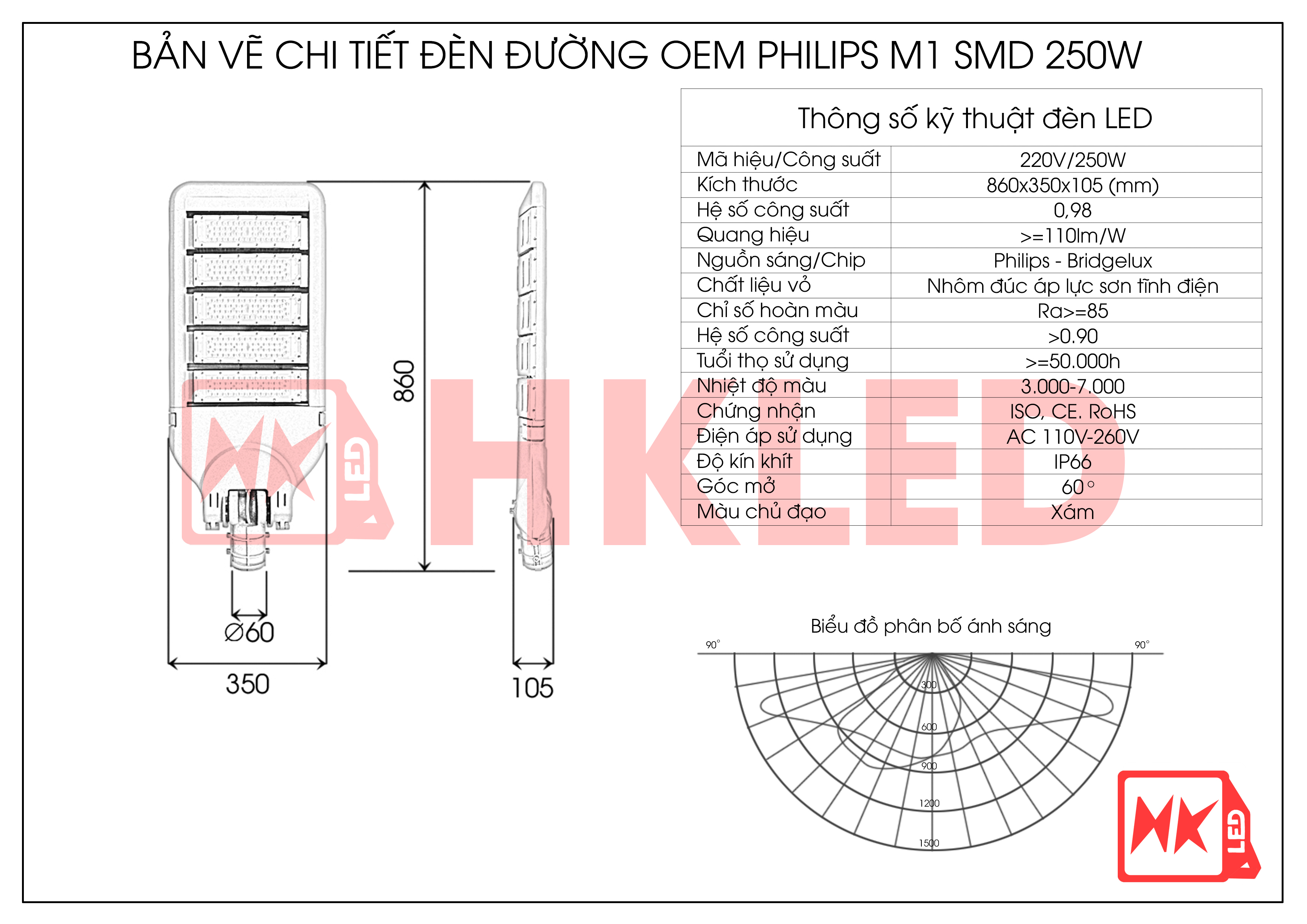 Bản vẽ chi tiết đèn đường LED OEM Philips M1 Module SMD 250W
