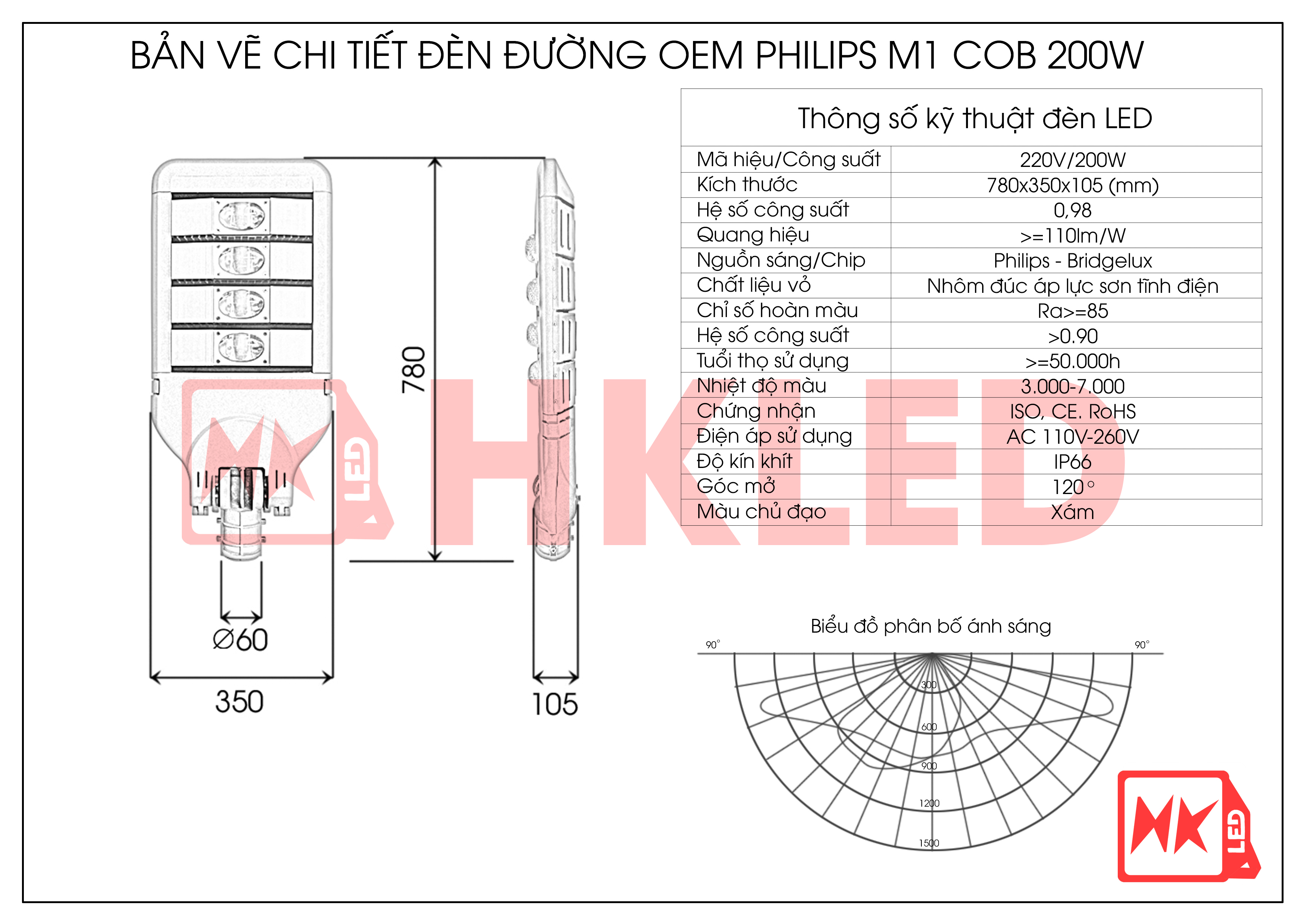 Bản vẽ chi tiết đèn đường LED OEM Philips M1 Module 200W 