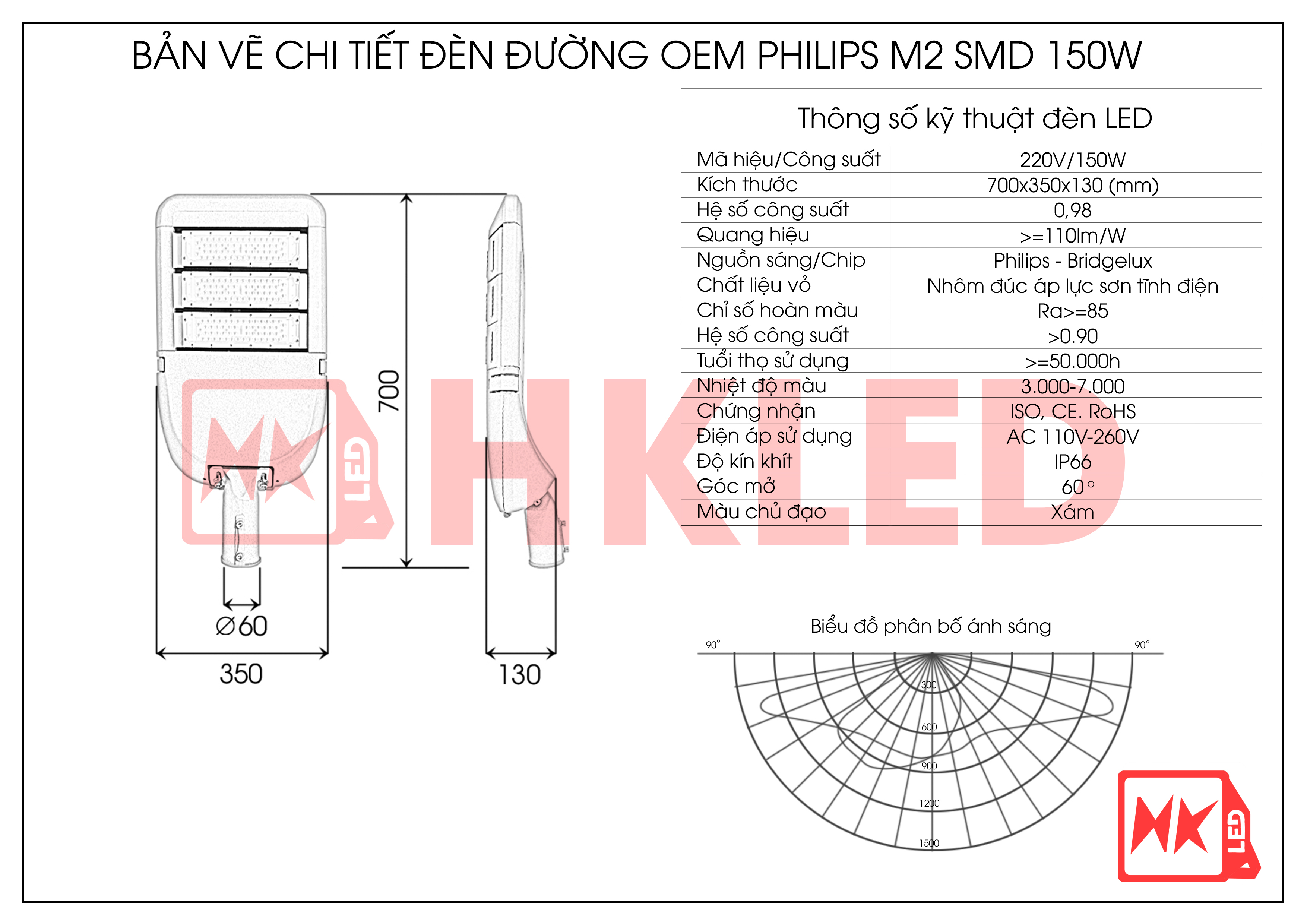 Bản vẽ chi tiết đèn đường LED OEM Philips module SMD M2 150W