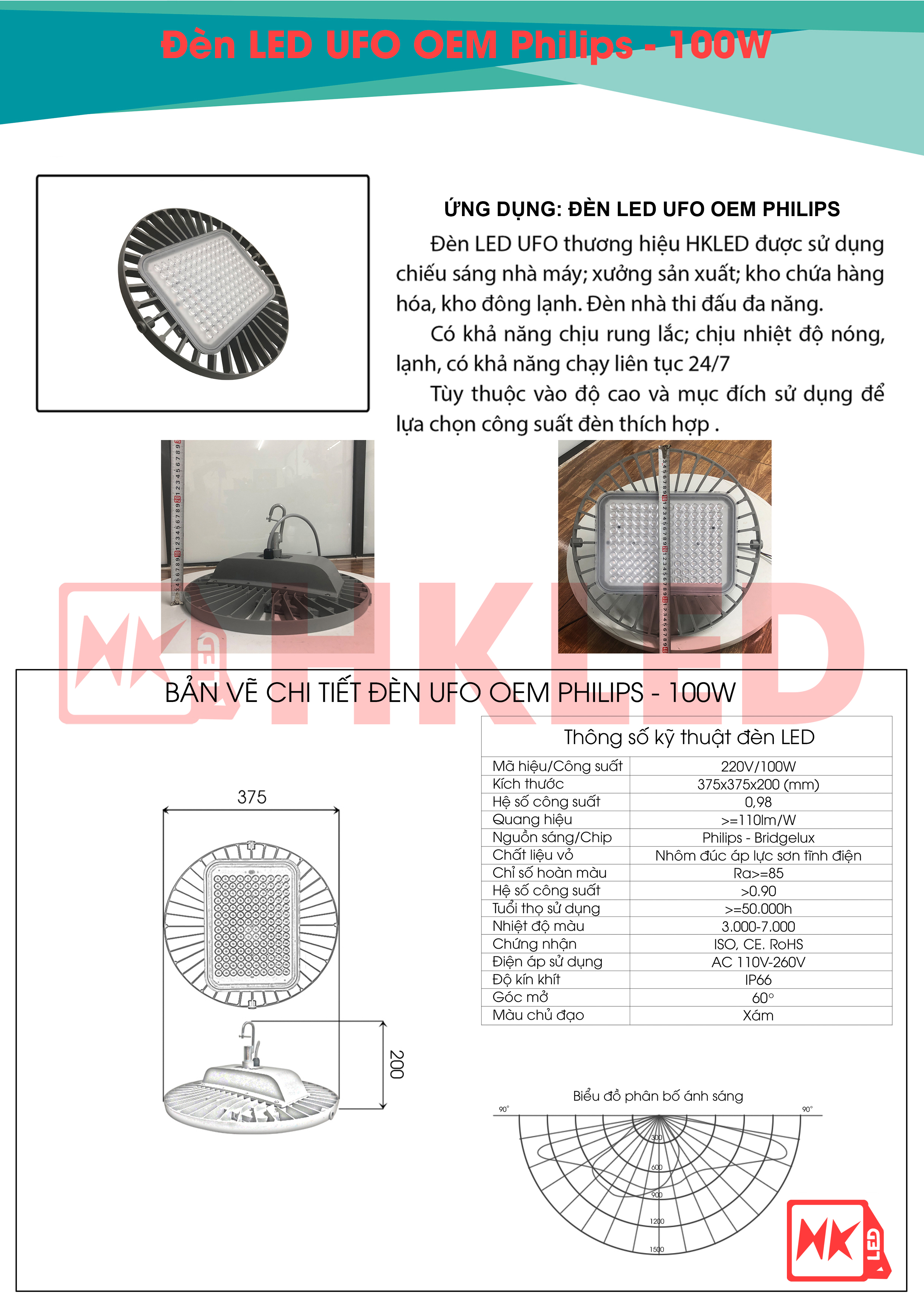 Ứng dụng, bản vẽ chi tiết và thông số kỹ thuật đèn UFO nhà xưởng OEM Philips 100W