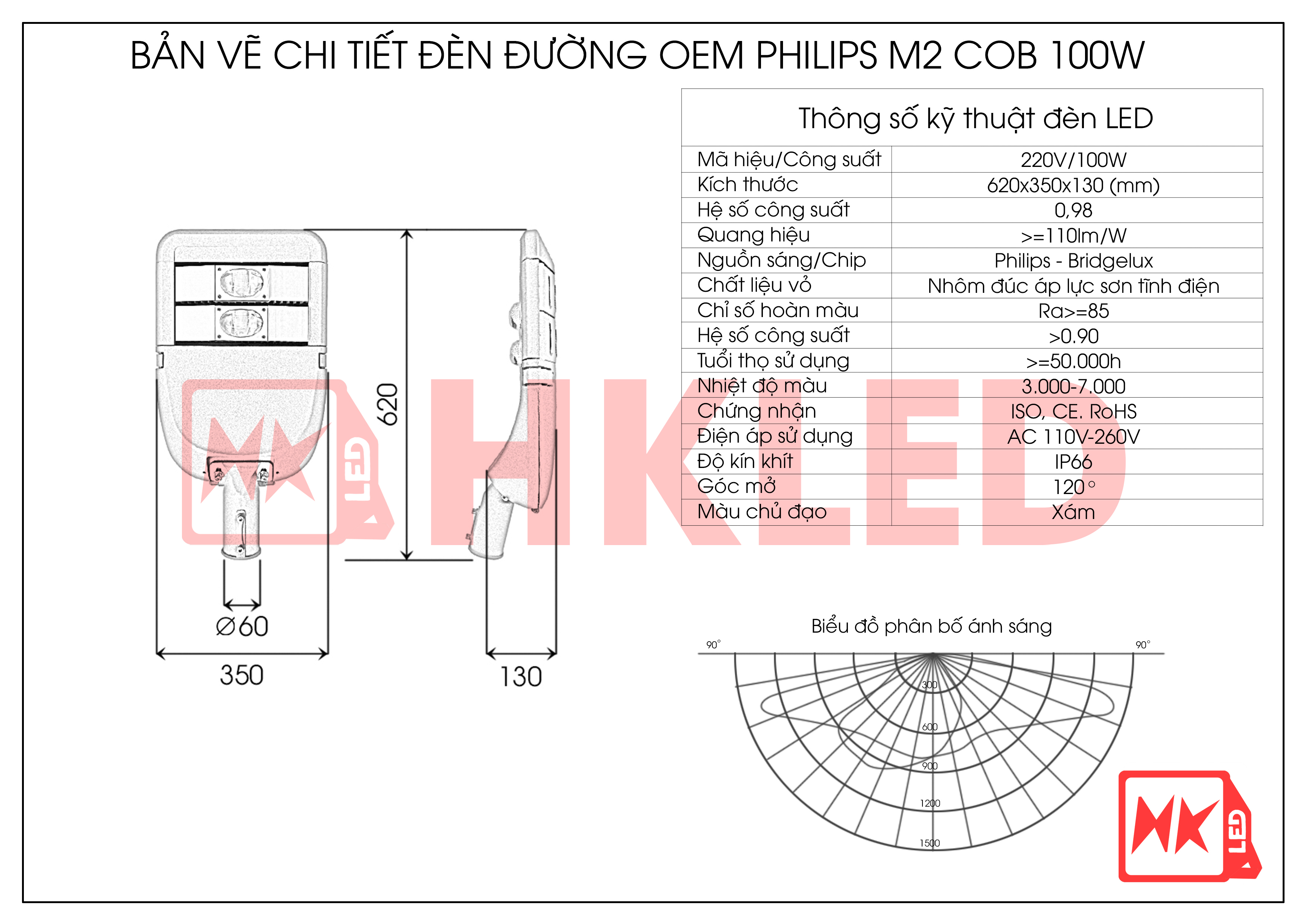 Bản vẽ chi tiết đèn đường LED OEM Philips M2 Module COB 100W