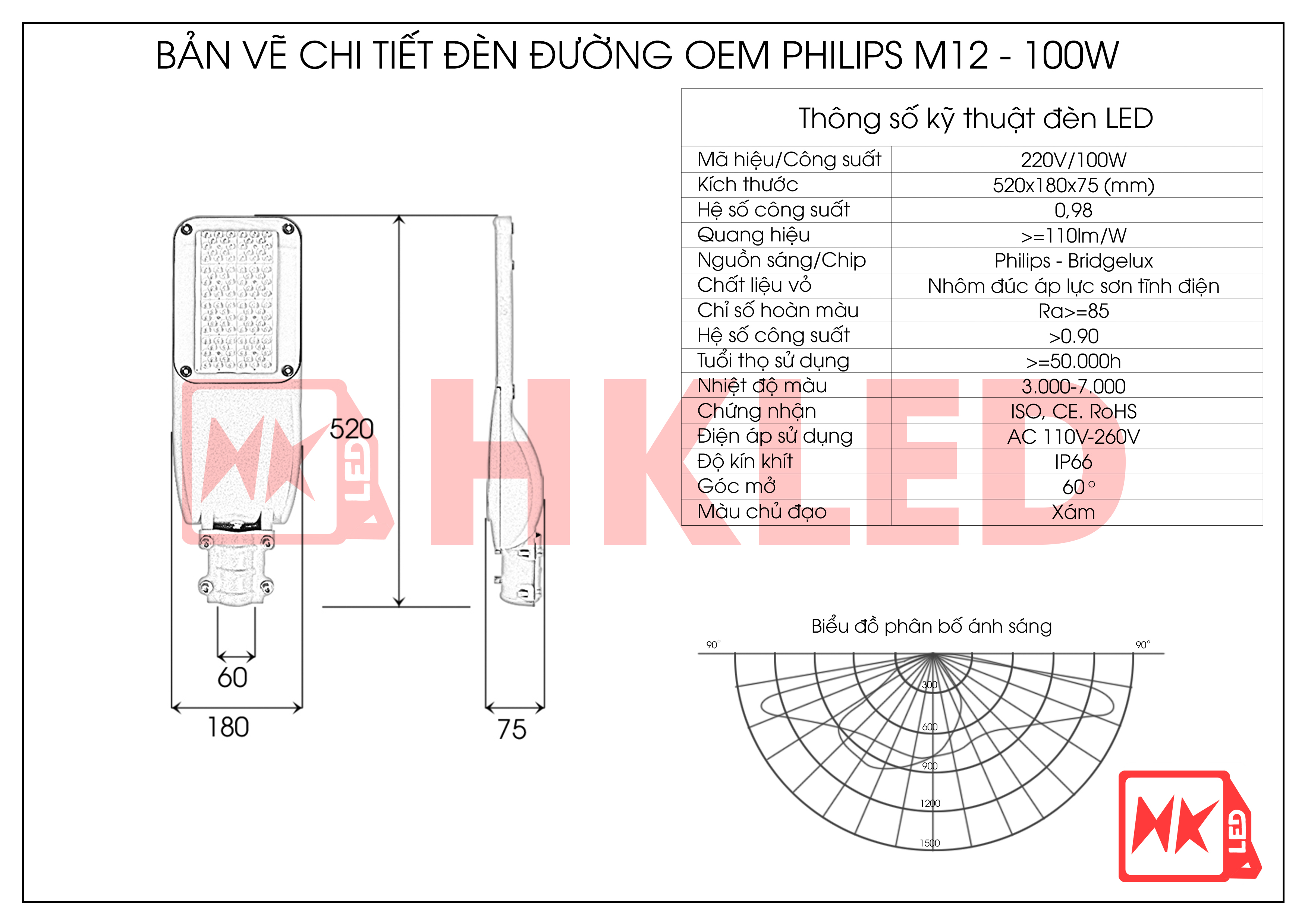 Bản vẽ chi tiết đèn đường LED OEM Philips m12 100W